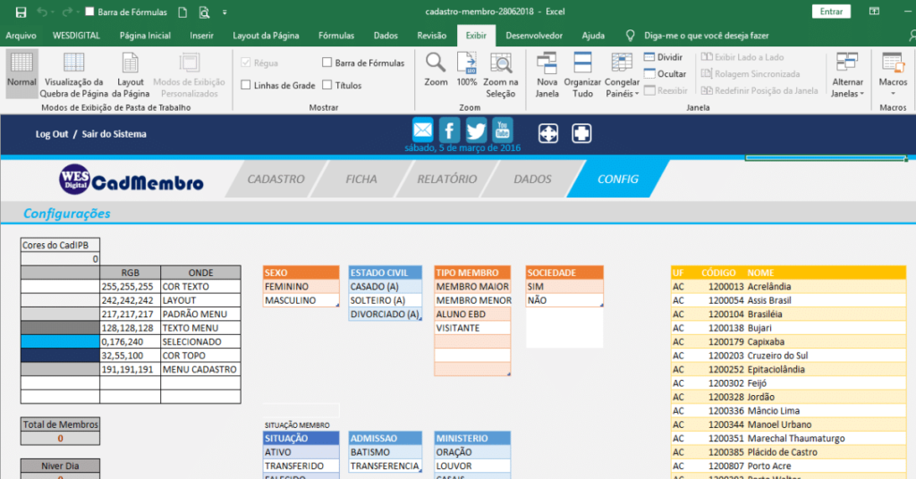 Configurações Planilha Cadastro de Membro Wesdigital