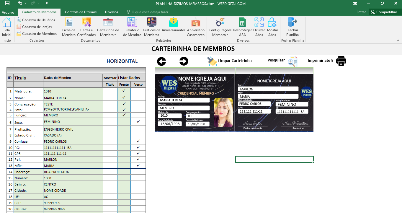 Planilha Cadastro De Membros E Controle De D Zimos Wesdigital