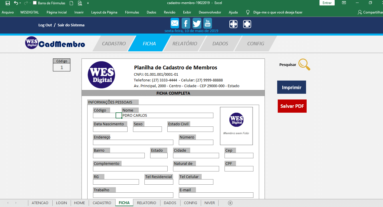 Imprimir Ficha do Cadastro de Membro Grátis