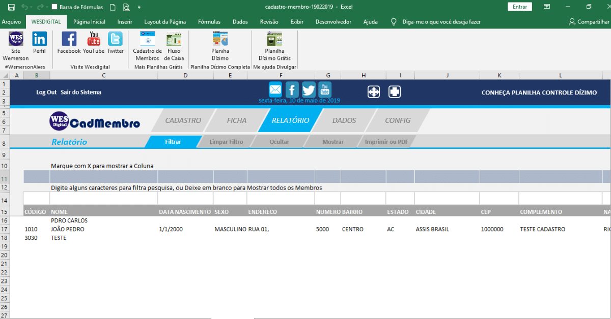 Relatório Excel VBA – Cadastro de Membro