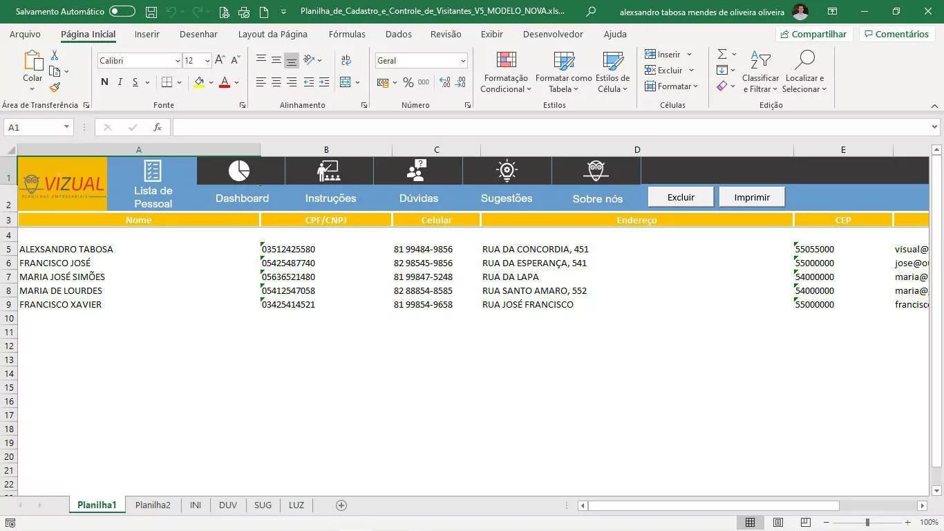 Planilha em Excel de Controle e Cadastro de Visitantes