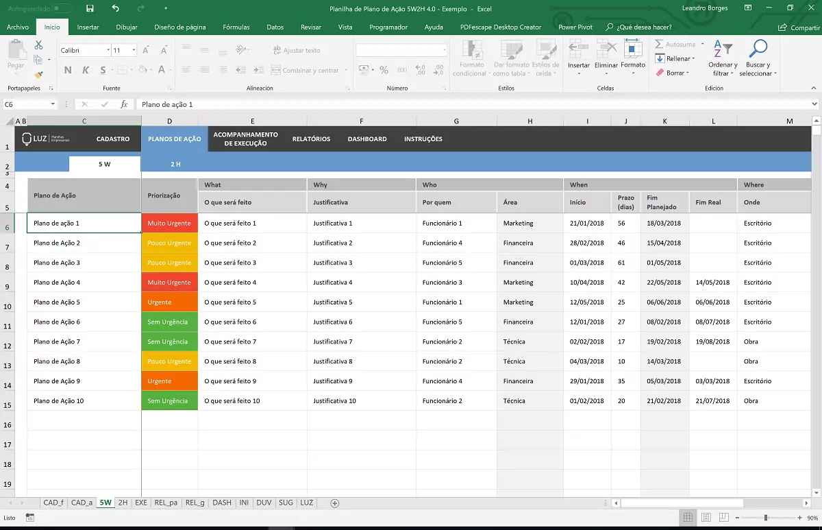 Planilha em Excel de Plano de Ação 5W2H