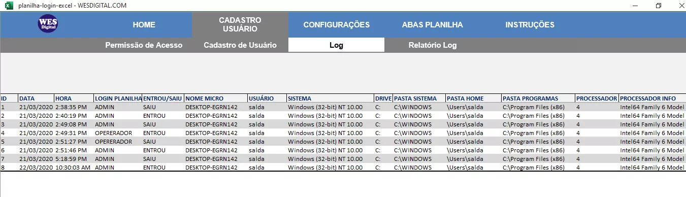 Planilha Login Excel VBA Grátis