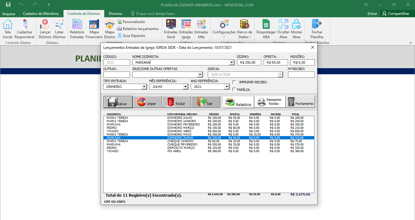 Planilha Controle de Membros e Dízimos